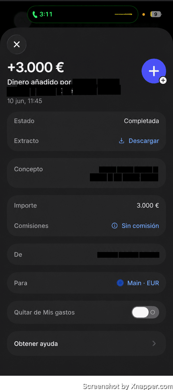 Captura del móvil: transferencia recibida de 3.000 €, estado completada